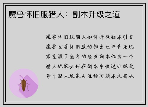 魔兽怀旧服猎人：副本升级之道