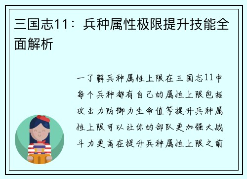 三国志11：兵种属性极限提升技能全面解析